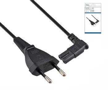 Úhlový síťový kabel typ C-C7, 0,75 mm², Euro zástrčka/IEC 60320-C7, VDE, černý, krabice DINIC, délka 2,00 m